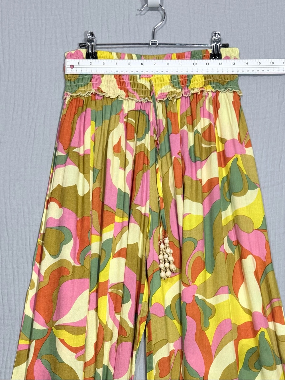 Smocked-Waist Wide Leg Palazzo Pants in Pink & Olive Abstract - Picture 4 of 8
